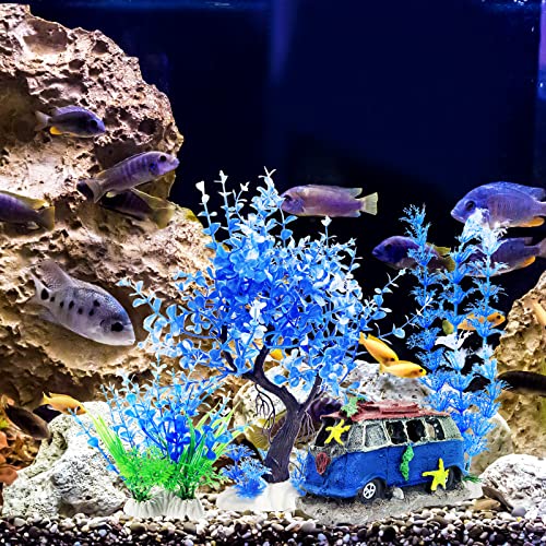 4PCS Fish Tank Aquarium Decorations Plastic Plants with Resin Cave Rock for Fish Hideout (Blue Set) - color: Blue & Green