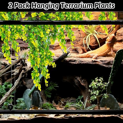 Hamiledyi Reptile Plants Hanging Terrarium Plants Artificial Leaves Habitat Decorations with Suction Cup Green and Yellow Fake Amphibian Plants for Bearded Dragon Lizard Geckos Chameleon（2 Pack）