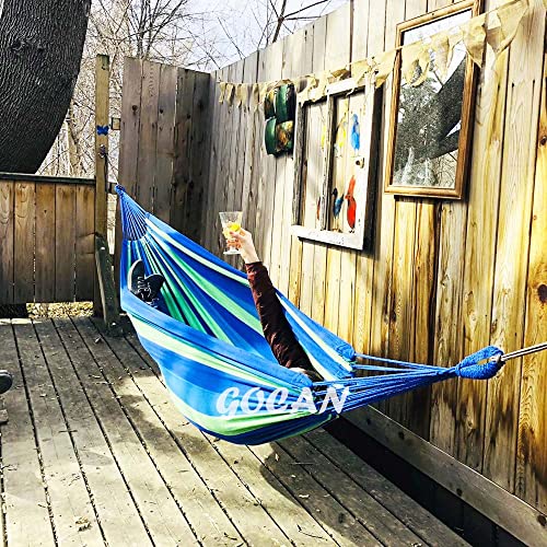 GOCAN Brazilian Double Hammock 2 Person Extra Large 220x160cm Total Length 330cm Load 500lb Canvas Cotton Hammock for Patio Porch Garden Backyard Lounging Outdoor and Indoor(Blue/Green) XXL - color: Blue/Green Stripe