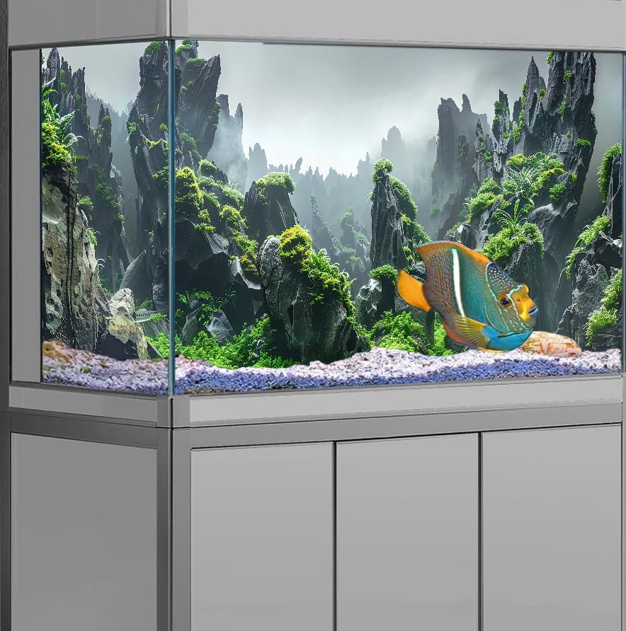 36X18IN Natural Mountain Forest Background Aquarium Background, 3D Image of Underwater Fish Tank Decoration, Reef Greenery with 10 EVA Double-Sided Tape - size: 36X18in/90X45cm