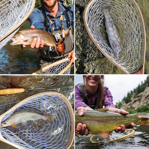 Fly Fishing Net, Trout Net, Wooden Frame Fly Fishing Landing Net with Soft Rubber Mesh for Catch and Release, Lightweight Fish Net for Trout Bass, Fly Fishing Gear for Stream Fishing - color: White-01, style: Rectangle Holes