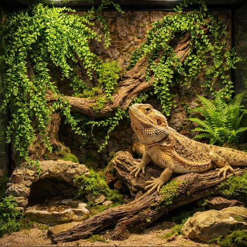 HERCOCCI 2 Pack Reptile Plants, Terrarium Hanging Plants Vines Artificial Leaves Habitat Decorations with Suction Cup for Bearded Dragon Hermit Crab Lizard Snake Geckos Chameleon - color: 2 Pack