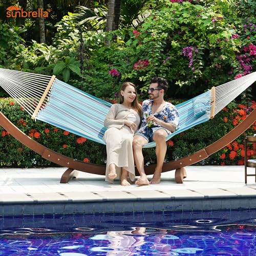 Lazy Daze Hammocks 12 FT Sunbrella Fabric Hammock Non-Fading with Spreader Bars and Free Pillow Fits for 2 Persons, All Weather and Fade Resistant for Patio Yard, 450 lbs Capacity, Dolce Oasis - color: Dolce Oasis