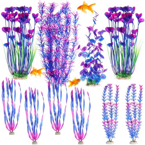 10 Pcs Large Christmas Aquarium Artificial Plants Decorations, Tall Plastic Fish Tank Plant Decorations for Household and Office Aquarium Christmas Decor(Purple)