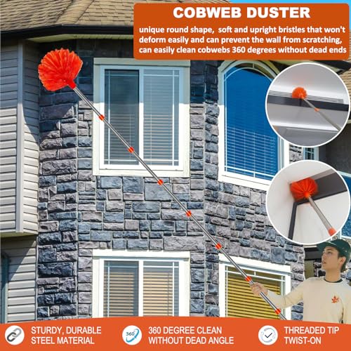 20 Feet High Reach Duster Kit with 2-14 ft Extension Pole, Cobweb & Corner Brush Cleaning Duster Kit for Cleaning, Microfiber Feather Duster Cleaner with Washable Head for Ceiling Fan, Furniture, Home
