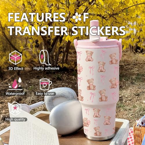 Pink Bows UV DTF Stickers - 3 Sheets Coquettte Bow Uvdtf Cup Wraps for 40 oz Glass Water Bottle, Cute Bear Flowers Waterproof Transfer Sticker DIY Coffee Mug Journal Guitar Craft Decals Decoration - style: Bows