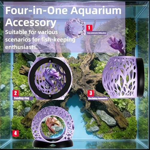 Floating Betta Hideout Cave & Shrimp Cave | Aquarium Floating Betta Skin | Shrimp Feeder | Multi-Function Resting Hideout Hammock & Small Fish Feeding Ring | Aquarium Decor Accessory (Purple - color: Light Purple