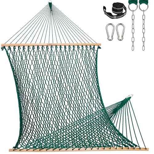 Lazy Daze Hammocks 13-FT Polyester Rope Hammock, Double 2 Person Traditional Hand Woven Outdoor Hammock with Spreader Bar, Carabiners, Tree Straps, Chains for Outside Patio- Max 450 Lbs, Green - color: Green
