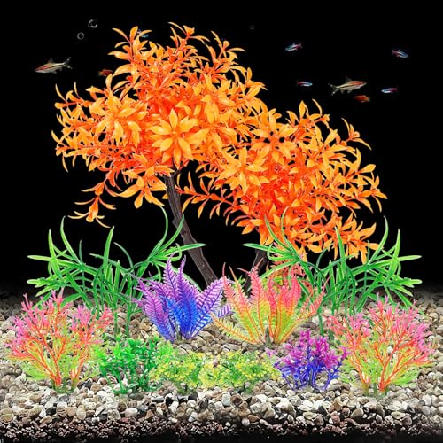 AQUANEAT Artificial Aquarium Plants, Fish Tank Orange Tree Decoration Set, Plastic Accessories, 11pcs - color: Orange