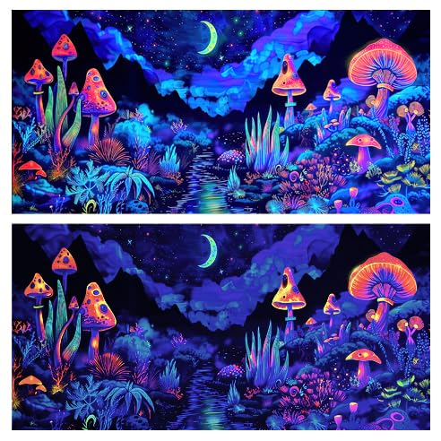 72X24IN Blacklight Mushroom Flower Black Light Aquarium Background, UV Fish Tank Background Moonlight Mountain Forest Landscape Terrarium Background with 10 EVA Double-Sided Tape - size: 72X24in/180X60cm