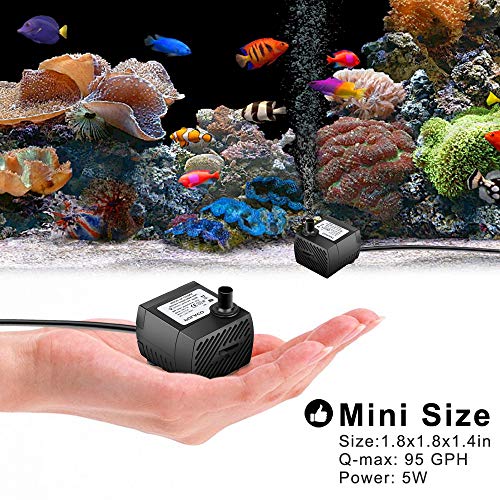 95GPH 5W Mini Submersible Water Pump with 3.3 ft Tubing for Aquarium Fish Tank, Pond, Fountain, Hydroponics