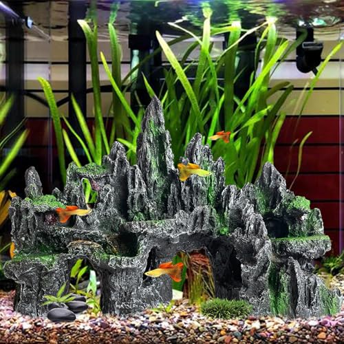 Aquarium Decor Large N Tall Fish Tank Rock Decor with Mountain View Ornaments,Tree House,Cave,Extra Large Fish Tank Decorations