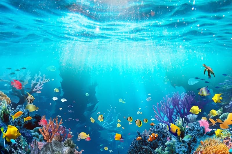 Under The Sea Backdrop Nautical Underwater World Coral Turtle Fish Decorations Background Ocean Seabed Sunlight Diving Backdrop Aquarium Cake Table Banner Studio Props Vinyl 5x3ft - color: Marine Blue, size: 5x3ft (150x90cm)