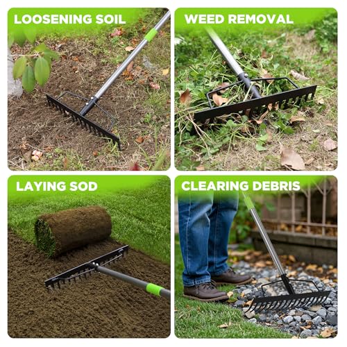WORKPRO 65 Inch Bow Rake, 17 Tines Metal Head Rakes with High Strength Handle, Heavy Duty Garden Rake with Adjustable Handle for for Loosening Soil, Gathering Leaf, Leveling Lawn, Farming Land