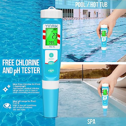 7 in 1 Chlorine Meter Digital Chlorine pH Tester Salt pH Meter for Saltwater Pool pH Conductivity for Hydroponic Drink Water TDS Meter YINMIK pH Chlorine Salinity EC TDS ORP Temp Reader for Aquarium - color: Blue pH meter