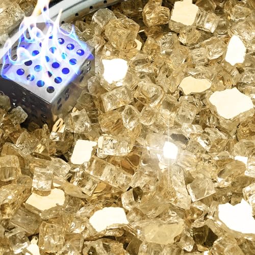 NUPICK 10 Pound Fire Glass for Pit, 1/2 Inch Tempered Reflective Glass for Propane & Gas Fireplace, Gold Rock - color: Gold, size: 10 Pound (1/2")