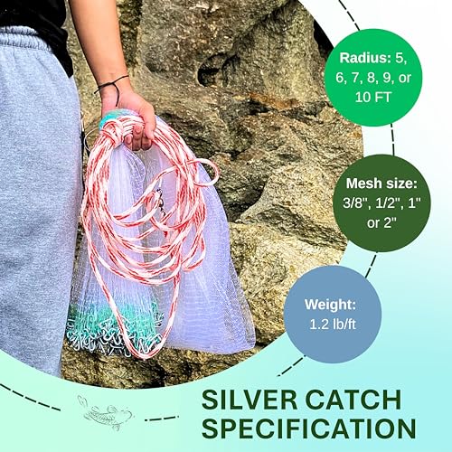 Cast Nets 4.5ft-10ft Radius|3/8",1/2",1" Mesh for Fishing with Chain Bottom, Salt Water Casting Fishing Net Gear, Easy Throw Nets Fishing Bait - Elite Series - size: 8' Radius | 1" Mesh
