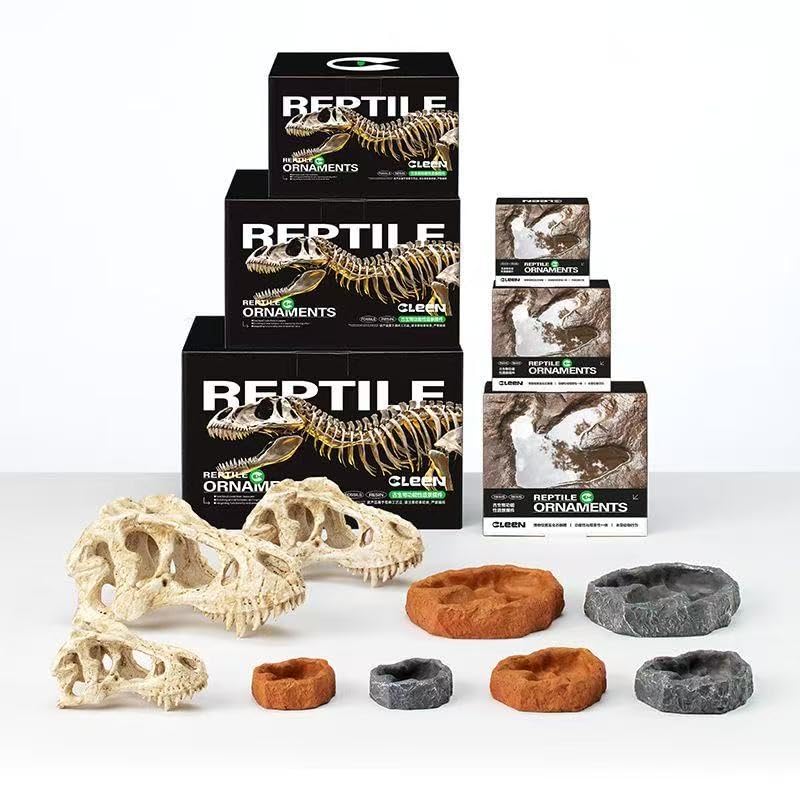 CLEEN T-Rex Skull Reptile Hide - Dinosaur Bone Terrarium Decor for Lizards Snakes Bearded Dragon, Realistic Fossil Cave Aquarium Tank Accessories (Small)
