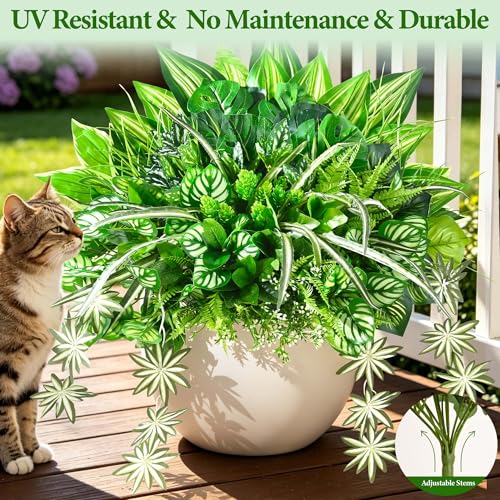 Livole 24Pcs 14 Styles Artificial Plants Outdoor Realistic UV Resistant Flowers Large Bunches Faux Greenery Stems Boston Fern for Garden Porch Planter Window Box Home Decor - size: 24Pcs