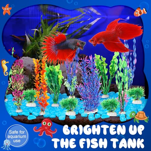 117 Pcs Fish Tank Accessories Decorations Set 100 Pcs Glow Blue Betta Fish Rocks Stones 15 Pcs Artificial Plastic Fake Aquarium Plants 2 Pcs Hammock Plant Leaf Pad for Aquarium Bowl Decor