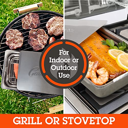 Camerons Large Stovetop Smoker - Stainless Steel BBQ Smoker Box w/Hickory & Oak Wood Chips & Recipe Guide - Indoor Outdoor Use on Any Heat for Smoking Meats, Veggies & Seafood - Grilling Gift for Men