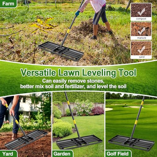 Lawn Leveling Rake, 30"x10" Levelawn Tool, 5FT Adjustable Handle Leveling Tool Heavy Duty Stainless Steel Lawn Leveler for Yard Garden Golf Course Soil Grass - style: 30X10" - 5FT