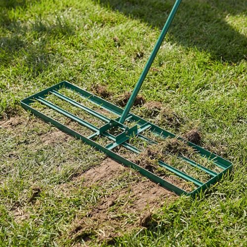 Goplus Lawn Leveling Rake, 42" x 10" Heavy Duty Level Lawn Tool w/ Ergonomic Handle for Soil, Effort-Saving Landscape Rake for Garden, Backyard, Golf Course, Farm, Pasture - style: 42" x 10", Green