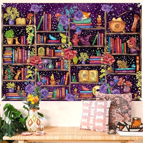 Medieval Bookshelf Backdrop 7x5 FT Bookcase Photography Background Bookshelf Library Backdrops Wall Hanging Dark Academia Photography Background Photo Studio Props - color: Purple, size: 7x5 FT