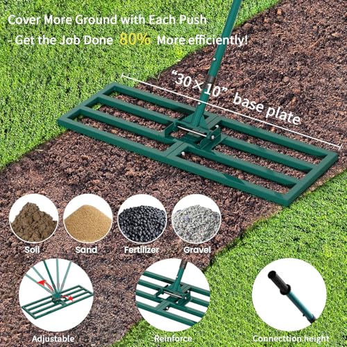 Lawn Leveling Rake Heavy Duty Stainless Steel Lawn Leveling Tool 30”x10” with 78” Adjustable Long Handle Leveling Rake for Soil,Ground,Backyard,Golf Field,Garden Tools Grass Seed Landscaping - style: 30"x10" Medium