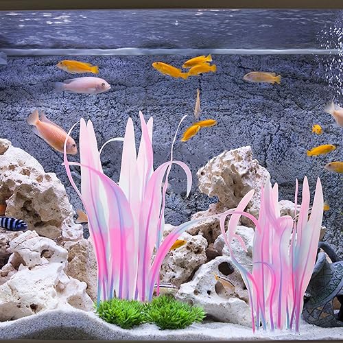 Kaiyuan Dynasty 2pc Aquarium Decor Plastic Plants Fish Tank Artificial Plants Glowing Aquarium Kelp Move with Water Flows Soft Silicone Aquatic Seaweed,7inch,Pink - color: Pink