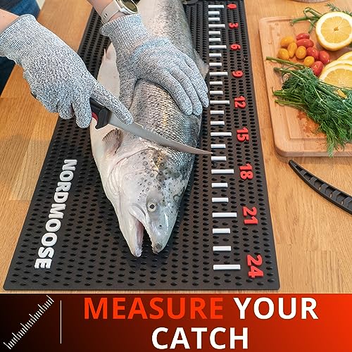 Fish Fillet Mat Kit with Fish Ruler Decal and Fillet Knife, Cutting Gloves. Large 28"x14" Nonslip Fish Cleaning Mat that Grips the Fish - Durable & Easy to Clean, Portable Fish Cutting Board