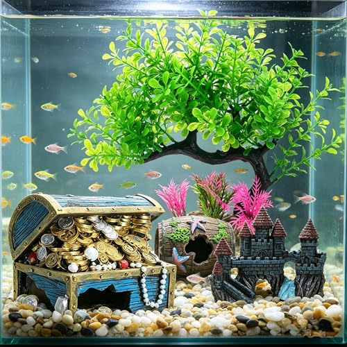 Aquarium Decorations Set with Treasure Chest, Castle, Resin Barrels and Bonsai Tree, Fish Tank Ornaments, Fish Shrimp Cave Hide for Fish Tank