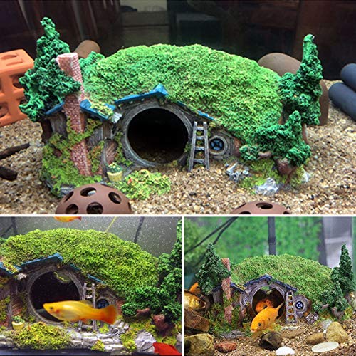 Large Aquarium Decoration Hobbit House Cave, 10.6 * 7 * 5.9 inches Resin Fish Hideout Betta Hiding Reptile Hole Shelter Snake Tank Fish Tank Ornament Rockery Landscaping