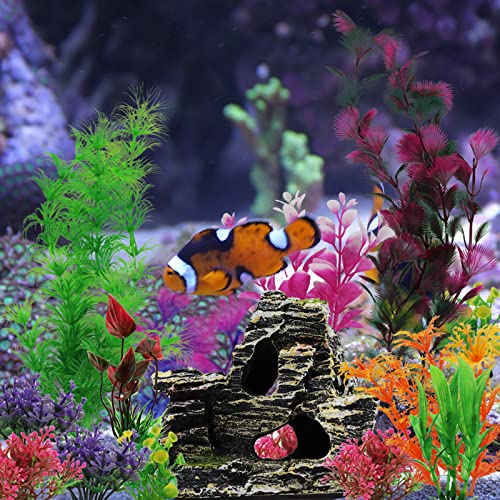 Aquarium Decorations Plants with Rockery View, 25pcs Aquarium Decor Plants and Rock Cave Hideout Ornaments, Fish Tank Accessories, Fish Tank Plants Plastic Decoration for Aquariums