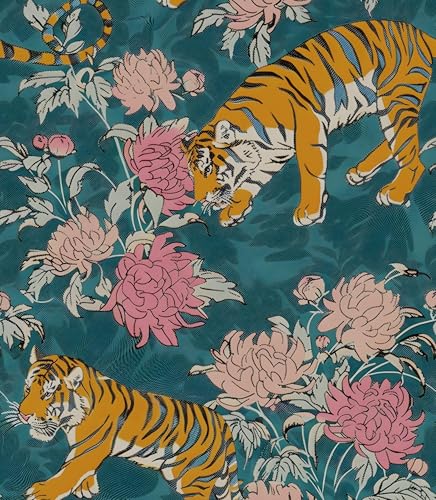 Tiger Wallpaper Peel and Stick, Vintage Blue Animal Floral Contact Paper 17.5" x 118", Antique Flower Wall Paper Self Adhesive Removable Waterproof for Bathroom Walls Shelves Cabinet Table Decor - color: Blue/Pink/Yellow, size: 17.5" x 118"