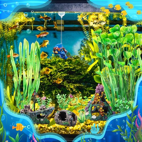 15 Pcs Fish Tank Decorations Mountain Ornament Broken Barrel Sunken Ship Artificial Seaweed Water Plants Colorful Coral Reef for Fish Bowl Aquarium Decor (Green) - color: Green