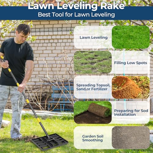 80" Heavy Duty Lawn Leveling Rake - 17x10in Stainless Steel Grading Tool with Ergonomic Adjustable Handle | Professional Grass Soil Leveler for Golf Courses, Backyards & Sports Fields