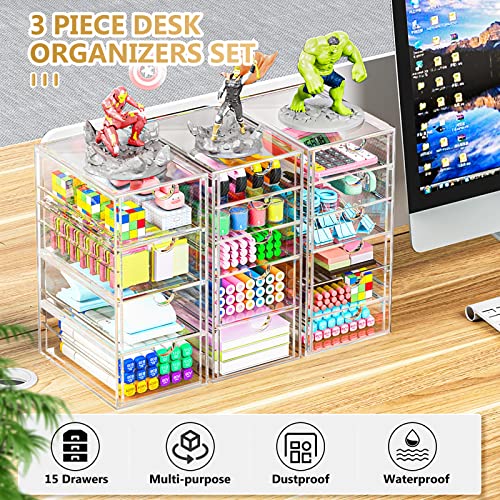 Acrylic 3 Pack Desk Organizers and Accessories, Makeup Organizer Storage With 15 Drawers, Desk Organizers, Dustproof Drawer Organizer and Storage for Make Up, Jewelry, DIY Pen - size: 15 Drawers