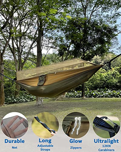 Camping Hammock, Portable Single & Double Hammock with Net, 2 Person Hammock Tent with 2 * 10ft Straps, Best for Outdoor Hiking Survival Travel