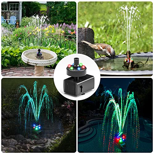 Jutai 24-Hours Working Bird Bath Fountains Electric, Adjustable Quiet Water Fountain Pump with LED Lights for Garden,Small Fish Tank, Pond,Water Features - 7 Nozzles,16.4Ft Power Cord - color: Colorful