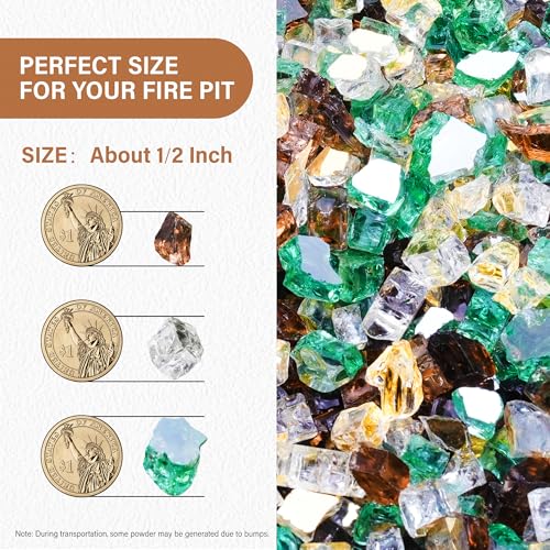 NUPICK 10 Pound Fire Glass, 1/2 Inch Reflective Fire Pit Glass, Tempered Firepit Glass Rock for Propane or Natural Gas, Glass Rocks for Fire Pit Table or Fireplace, Gold & Green & Copper Mix - color: Gold & Green & Copper Mix, size: 10 Pound (1/2")