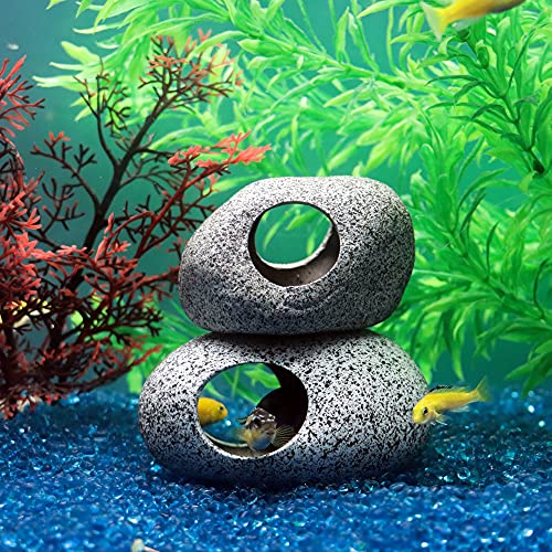 Aquarium Decorations Rock, Ceramic Shelters - Shrimp Habitat, Breeding Tube, Hiding cave, Stackable Fish Tank Decor Cave for Hiding, Betta Fish (J001+J002)
