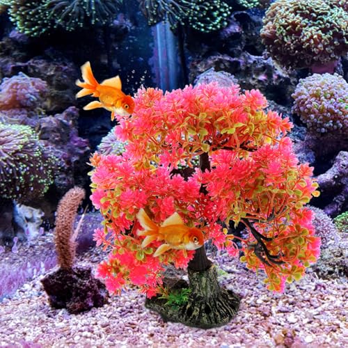 Aquarium Decor Artificial Aquatic Plant Tree with Rock Base Simulation Fish Tank Landscaping Ornament for Home and Desktop Decoration 2.15X2.15X10.14 Inches - color: Red