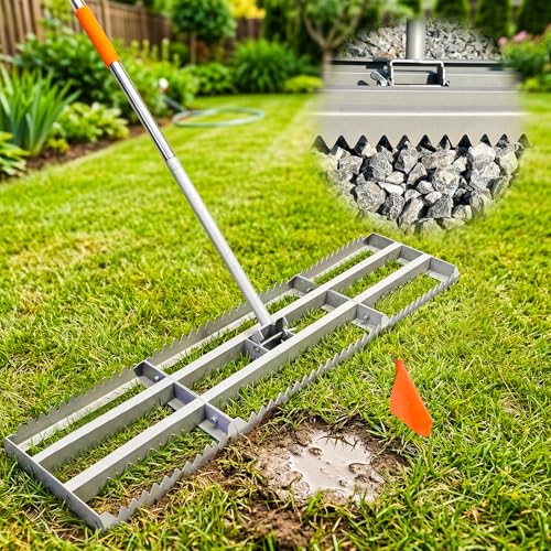 Lawn Leveling Rake, 2-in-1 Double-Sided Landscape Leveler with 20 Marking Flags for Low Spot, 48"×10” Heavy Duty Stainless Steel Flat & Serrated Side for Soil Sand Gravel, Yard Garden Golf Course - style: 48"×10”