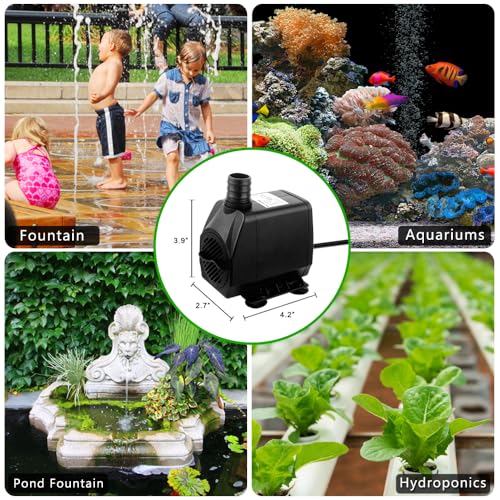 PULACO Large Flow: 800GPH（3000L/H）Submersible Pump with 6.5 ft Tubing, 45Watt Durable Fountain Water Pump With 4 Nozzles For Above 80 gallons Fish Tank or Pond - size: 800 GPH