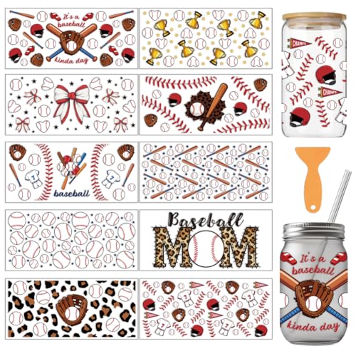 arricraft 10 Sheets Baseball Theme UV DTF Cup Wrap for 16OZ Glass, Baseball Helmet Glove Whistle Trophy Rub on Decals PVC Transfer Stickers for DIY Cups Wood Funiture 24x11cm/9.4x4.3inch - style: Baseball Theme
