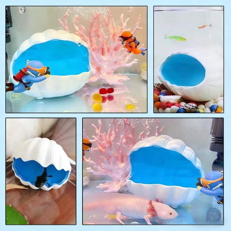 3Pcs Axolotl Tank Accessories, Hide Shell Shape Ceramic Fish Tank Cave, Silk Plants, Feeder Bowl, Fish Tank Decor Shelter for Small Pet Frog Fish Betta (Extra Large, Blue)