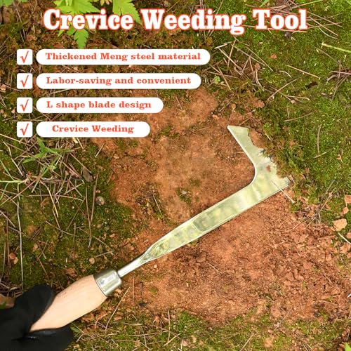 BokingOne 3-Sided Crevice Weeder - 12.6" Stainless Steel Garden Weeding Tool with Beech Handle, L-Shaped Crevice Weeder Sickle for Garden Lawn, Yard Patio Terrace, Paving Gaps - color: 3-Sided silvery