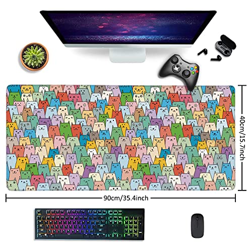Cute Colorful Cats Extended Gaming Mouse Pad Large Desk Mat with Non-Slip Rubber Base and Stitched Edges,Keyboard Mouse Mat Desk Pad for Work,Game,Office,Home 35.4 * 15.7 Inch - color: Cute Colorful Cats