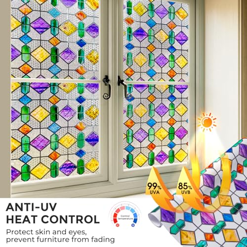 Coavas Stained Glass Window Privacy Film : Upgrade 3D Decorative Rainbow Window Clings Sun UV Blocking Bathroom Frosted Decals